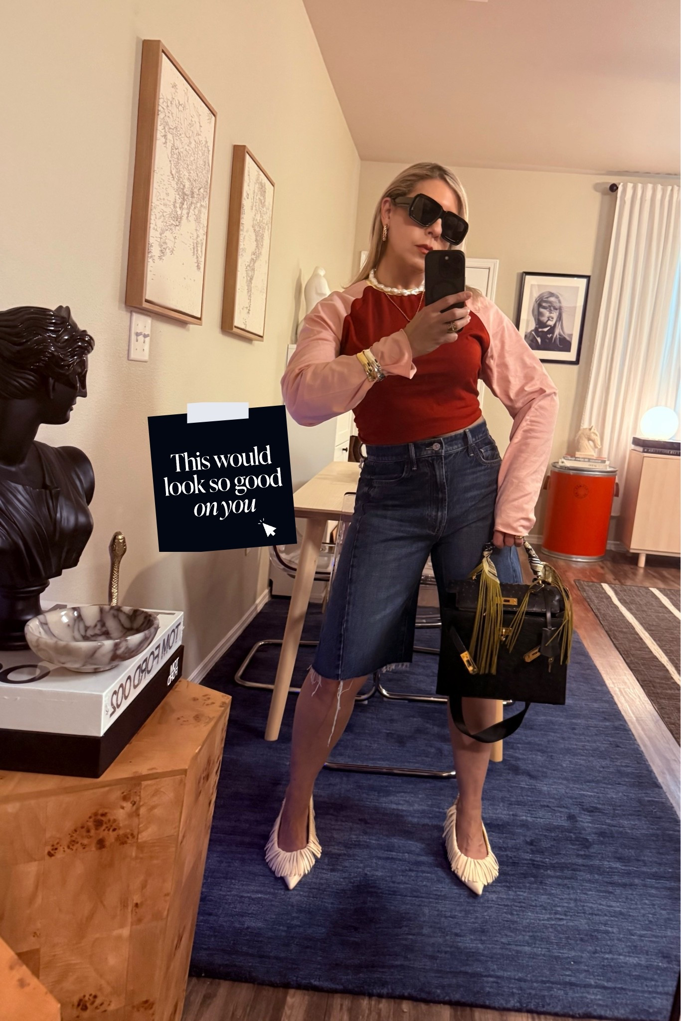 Denim bermudas/fringes kitten heals/sporty tee/vintage ostrich bag😎Sunnies are dupes of my authentic Loewe ones! So good! #loewesunglasses #sunglasses #fringes #fringesshoes #colorblock #top #sportylook #modern #bermudas #zara #zarashort #zarabermudas #shoes #ostrichbag #kellybag #vintagebag #bagcharms #denim #shorts #motherdenim #mothershorts #motherdenimbermudas #denimbermudas #trending #outfitinspo #outfit

#LTKootd #LTKgrwm #LTKOver40