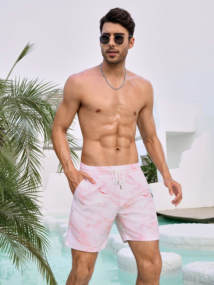 Men Marble Print Drawstring Waist Swim Trunks | SHEIN