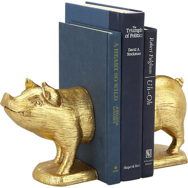 set of 2 gold pig bookends | CB2