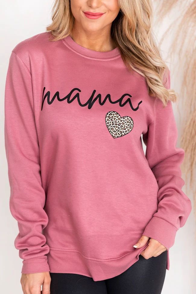 Mama Script Brown Animal Print Super Soft Fleece Mauve Graphic Sweatshirt | Pink Lily