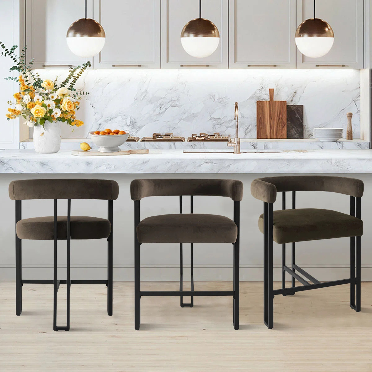 Rienna Set of 3 Mdern 24" Upholstered Velvet Solid back Counter Stool | Wayfair North America