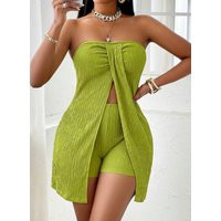 Women's Lime Green Strapless Textured Ruched Split Front Tube Top & Shorts Two Piece Set Spring Summer Casual Vacation Beach | AliExpress (US)