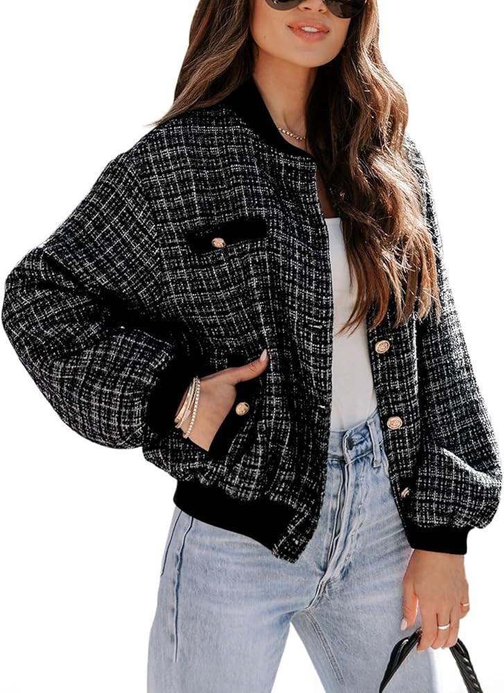EVALESS Fashion Jacket for Women 2024 Fall Winter Trendy Button Short Shacket Long Sleeve Plaid C... | Amazon (US)