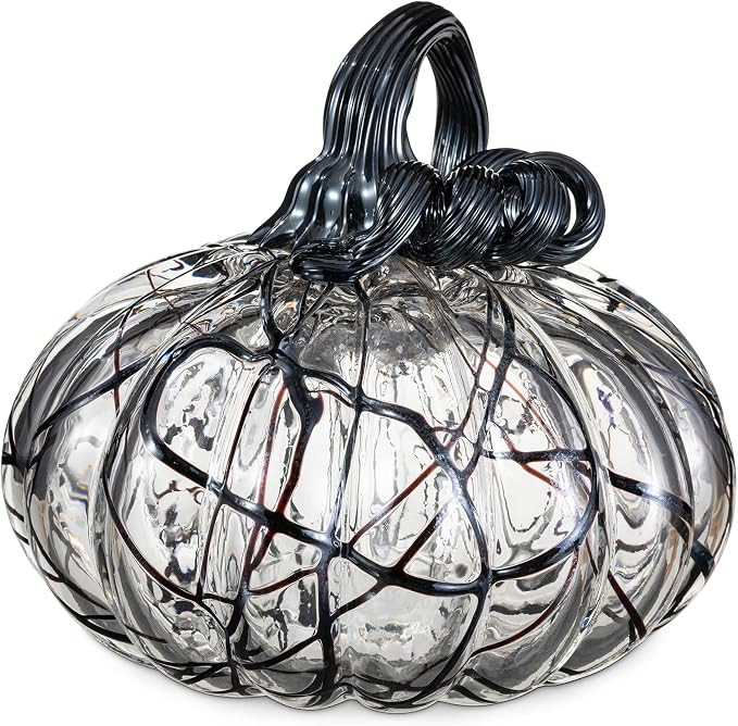Glitzhome Halloween Glass Pumpkin Decor, 6.5" Hand-Blown Black and White Spiral Gourd with Glossy... | Amazon (US)