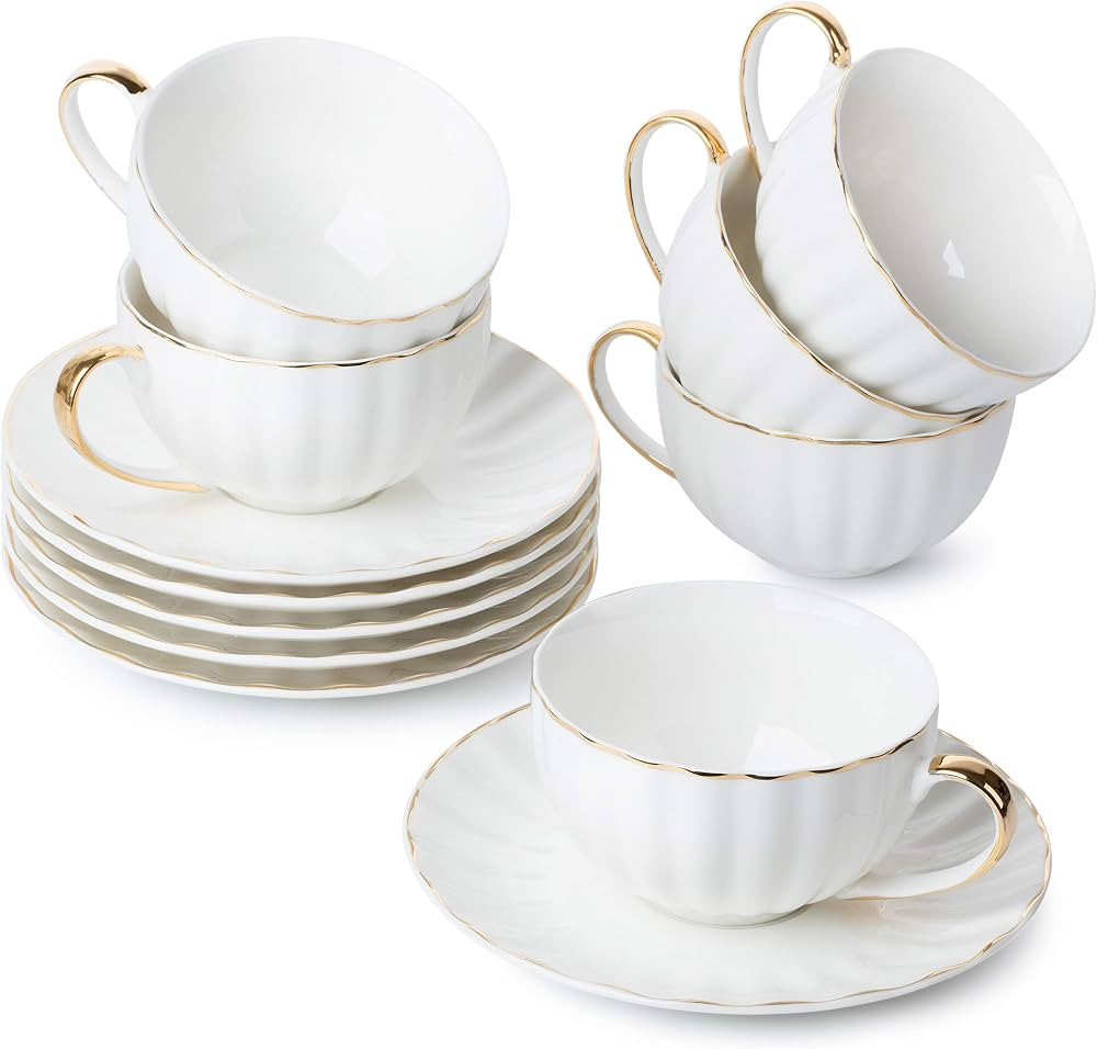 BTaT- Tea Cups and Saucers, Set of 6 (7 oz) with Gold Trim and Gift Box, Cappuccino Cups, Coffee ... | Amazon (CA)