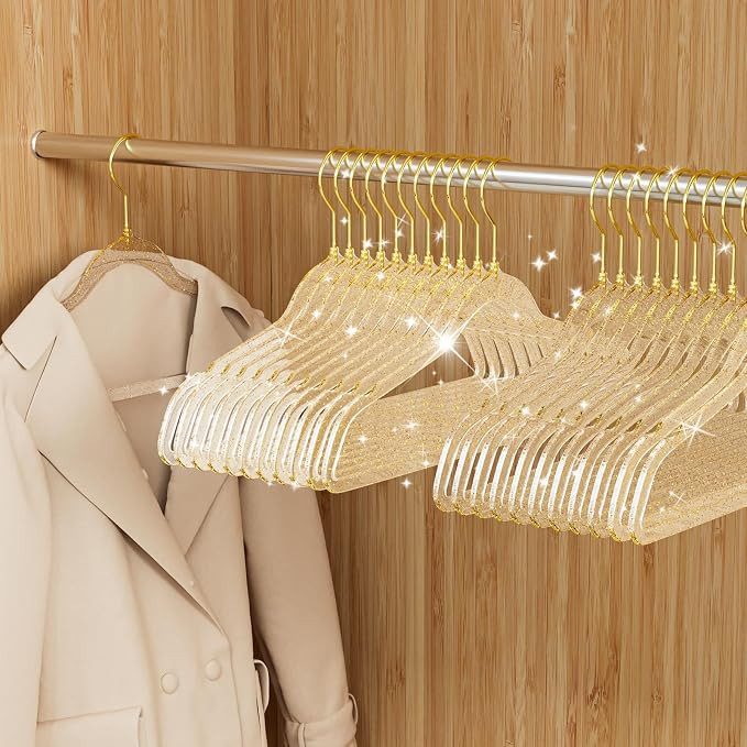 50 Pack Clear Acrylic Hangers with Gold Glitter, Space Saving | Ultra Slim Pretty Coat Hangers wi... | Amazon (US)