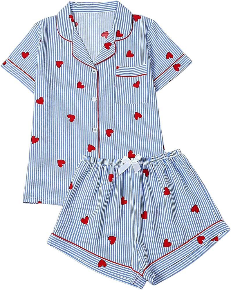 Milumia Women's Two Piece Pajama Set Heart Print Striped Short Sleeve Sleepwear with Shorts | Amazon (US)