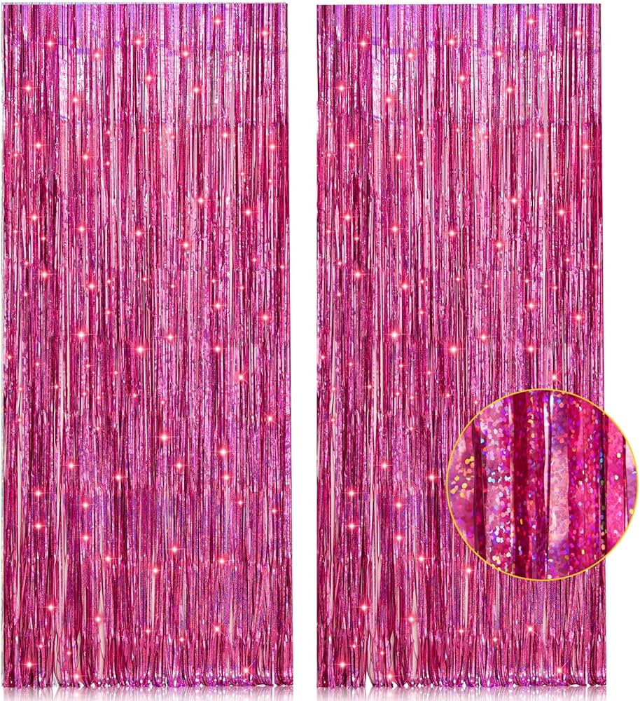 2 Pack 3.2ft x 8.2ft Pink Metallic Tinsel Foil Fringe Curtains Backdrop for Pink Party Birthday W... | Amazon (US)