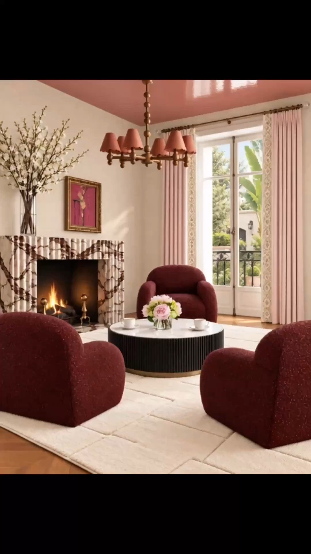 After dinner, this is exactly where I’d want to unwind. ✨ A cozy lounge area with rich color, sculptural shapes, soft lighting, and just enough warmth to make you want to stay a little longer.

The Algiers Swivel Chair in Armelle Plum really sets the mood. I love the rounded silhouette and deep plum tone — it feels playful and modern, but still incredibly cozy and inviting. The full swivel also makes it such an easy chair for a lounge setting where you can turn toward the fireplace, coffee table, or conversation.

The round marble coffee table adds a clean contrast with its dark fluted base, while the Porter Hand-Knotted Rug softens the room with subtle geometric pattern and beautiful texture underfoot. The grasscloth wallpaper and tailored blush drapes keep the palette layered and refined without making the space feel too formal.

Above, the scalloped chandelier brings in a playful decorative moment, while the high-gloss ceiling reflects the light beautifully. The fluted marble fireplace surround, artwork, flower arrangement, espresso cups, and warm fire complete the room and make it feel especially inviting for an after-dinner coffee, cocktail, or simply relaxing at the end of the day.

Up to 50% off at Arhaus going on now — a perfect time to refresh your living room for the holiday and gathering season.

#LivingRoom #LivingRoomDesign #InteriorDesign #HomeDecor #LoungeArea #LoungeChair #AlgiersSwivelChair #SwivelChair #CoffeeTable #Rug #HandKnottedRug #GeometricRug #Wallpaper #GrassclothWallpaper #Curtain #Drape #Drapes #Chandelier #Lighting #EspressoCups #Art #Flower #FlowerArrangement #FireMantel #Fireplace #Fireplaces #MarbleFireplace #GatheringSeason #AfterDinner #EveningAtHome

#LTKdayinmylife #LTKHome #LTKSaleAlert

#LTKSeasonal #LTKHome #LTKSaleAlert