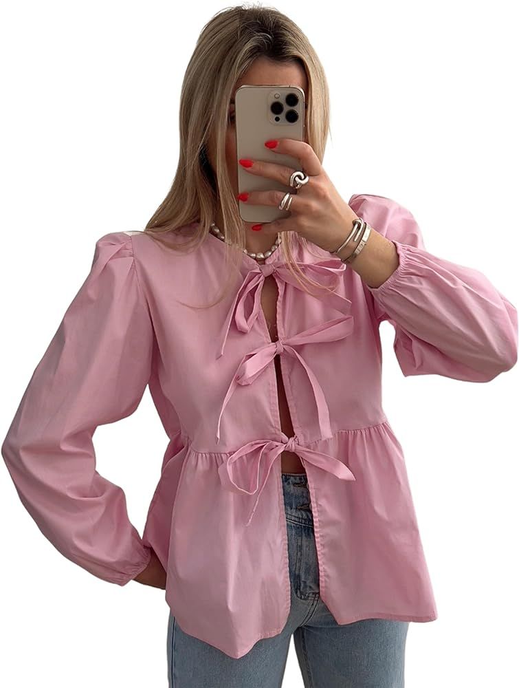 Women's Bow Tie Front Babydoll Blouse Long Sleeve Peplum Ruffle Hem Reversible Shirts Summer Tops | Amazon (US)