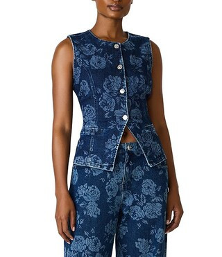 Wesley Coordinating Laser Engraved Floral Crew Neck Sleeveless Denim Vest Top | Dillard's