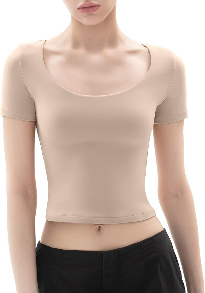 PUMIEY Women's Scoop Neck Short Sleeve T Shirt Slim Fit Sexy Tops Smoke Cloud Collection | Amazon (US)