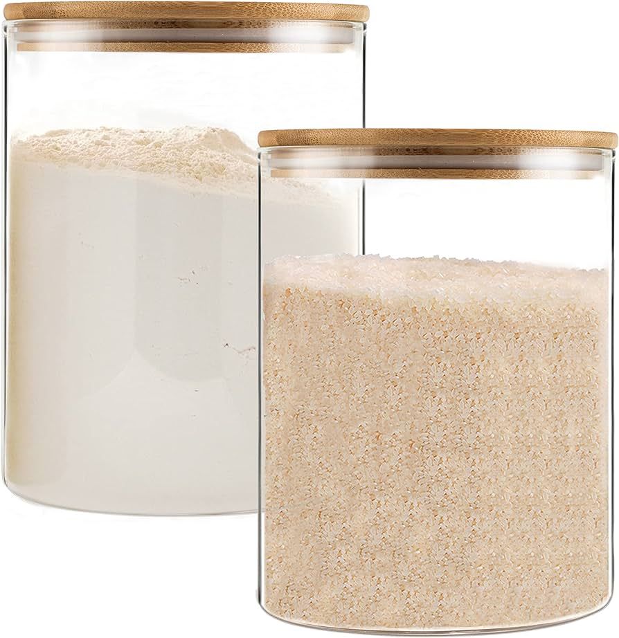 Glass Storage Jars,2 PACK -108oz/3200ml Clear Glass Food Storage Containers with Airtight Bamboo Lid Stackable Kitchen Canisters for Candy,Cookie,Rice,Sugar,Flour,Pasta,Nuts and Spice Jars | Amazon (US)