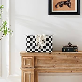 Black White Checkered Canvas Basket, Rectangular Organizing Decorative Storage Basket for Kids Do... | Amazon (US)