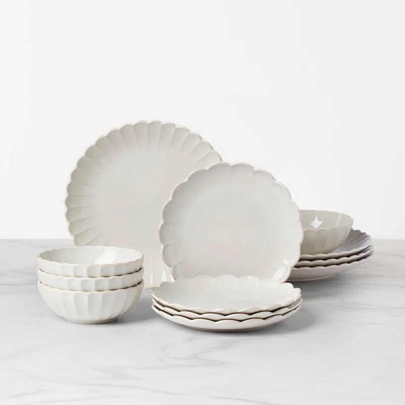 French Perle Scallop White Scallop 12 Piece Dinnerware Set, Service for 4 | Wayfair North America