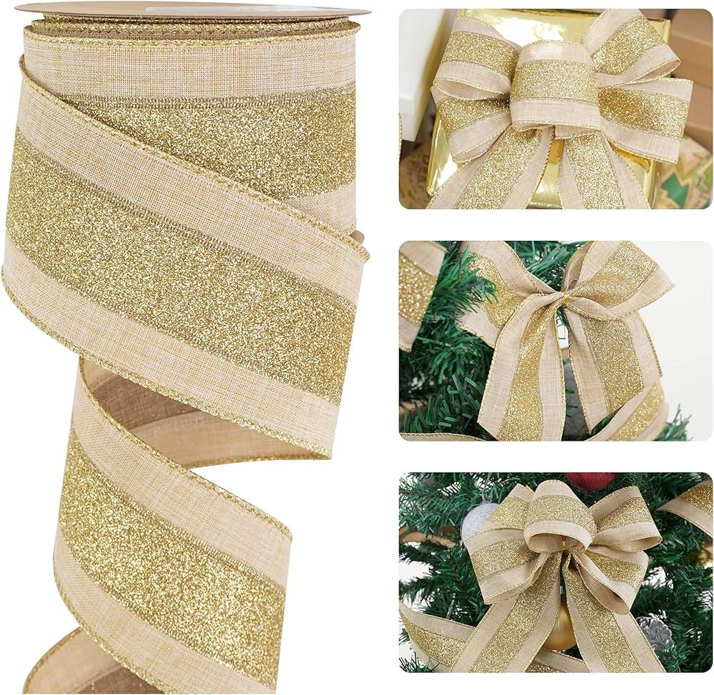 HUIHUANG Faux Jute Wired Ribbon Christmas Gold Glitter Ribbon Rustic Chrsitmas Wreath Ribbon for ... | Amazon (US)