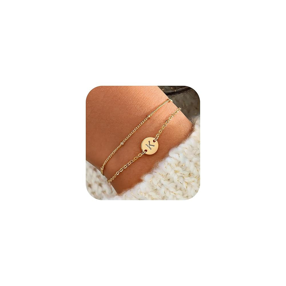 Initial Bracelets for Women Trendy - 18K Gold Plated Letter Bracelet Dainty Disc Monogram Charm B... | Amazon (US)