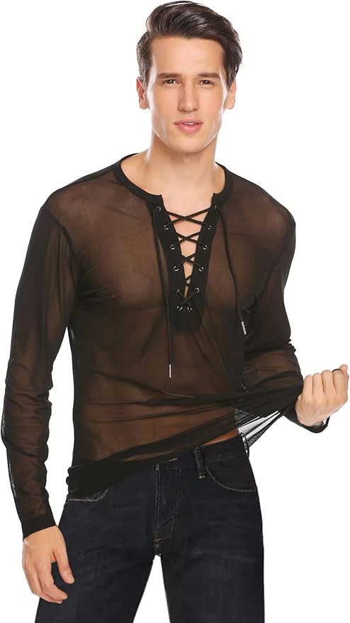 COOFANDY Mens Sexy Lace up See Through Long Sleeve T Shirt Mesh Undershirts | Amazon (US)