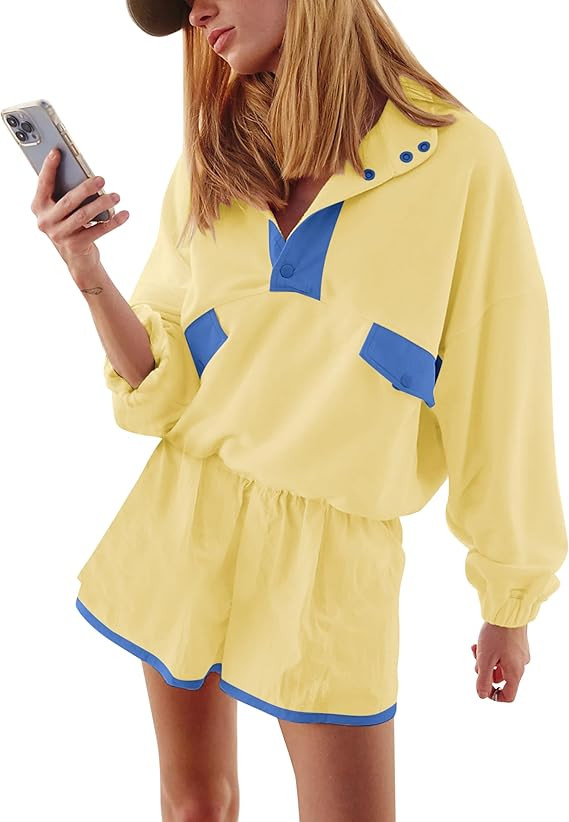 Quarter Button Sweatsuits Women Oversized Color Block Sweatshirts Sets Shorts Tracksuits 2025 Cas... | Amazon (US)