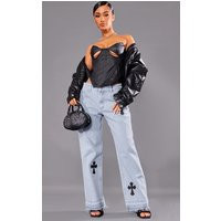 Petite Light Blue Wash Cross Applique Straight Leg Jeans | PrettyLittleThing UK