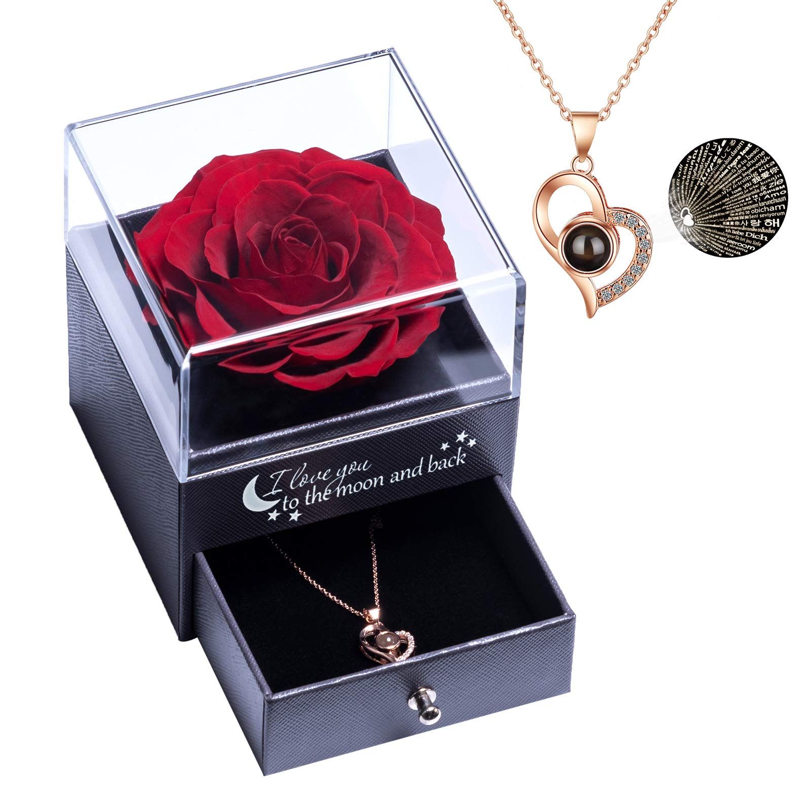 Yamonic Real Preserved Rose with Love You 100 Languages Necklace Gift for Her Box, Eternal Real Rose | Amazon (US)