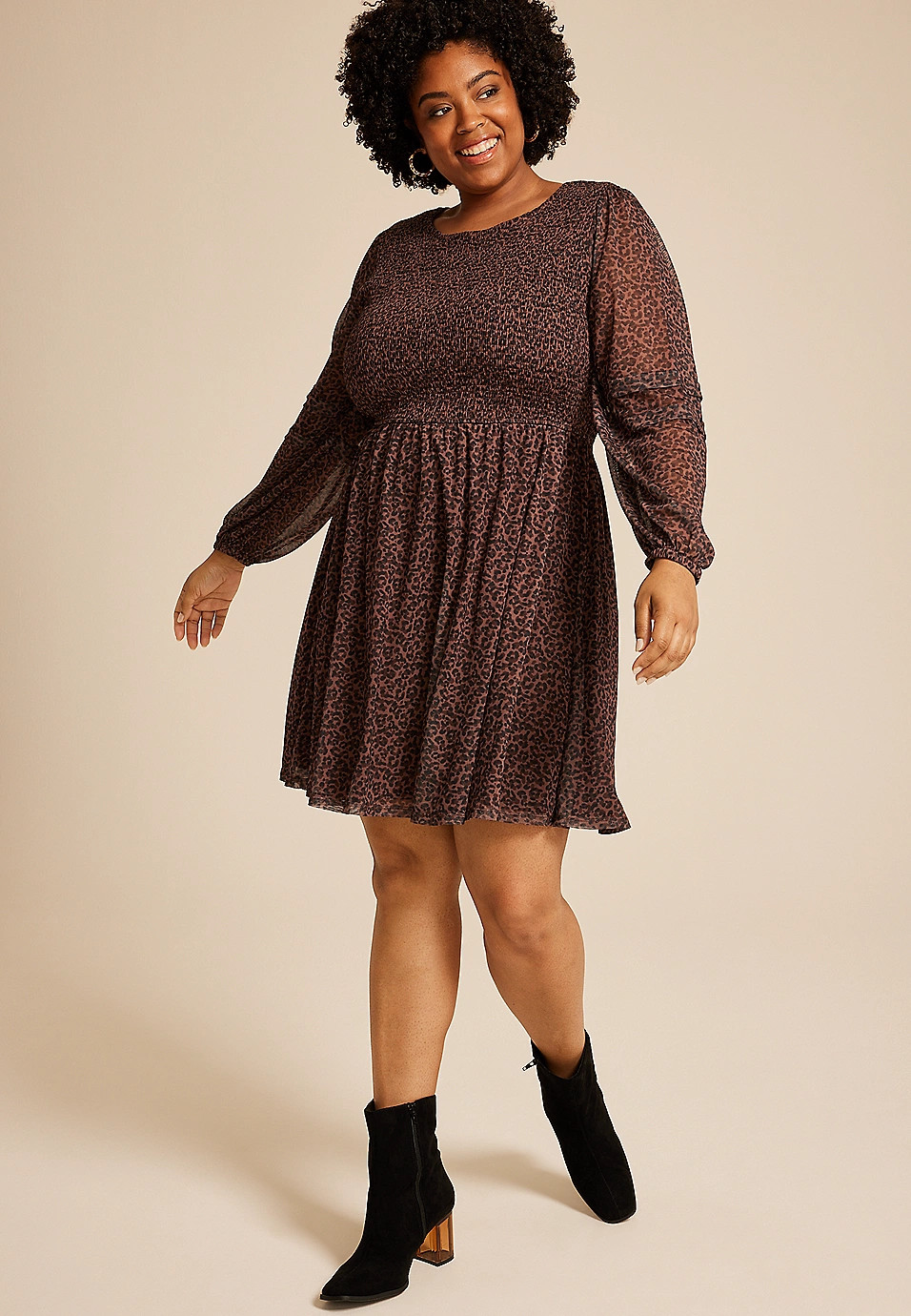 Plus Size Leopard Print Mesh Smocked Mini Dress | Maurices