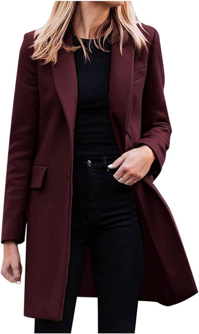Trench Coats For Women Long Warm Faux Wool Long Jackets Winter Coats For Women Turndown Collar Lo... | Amazon (US)