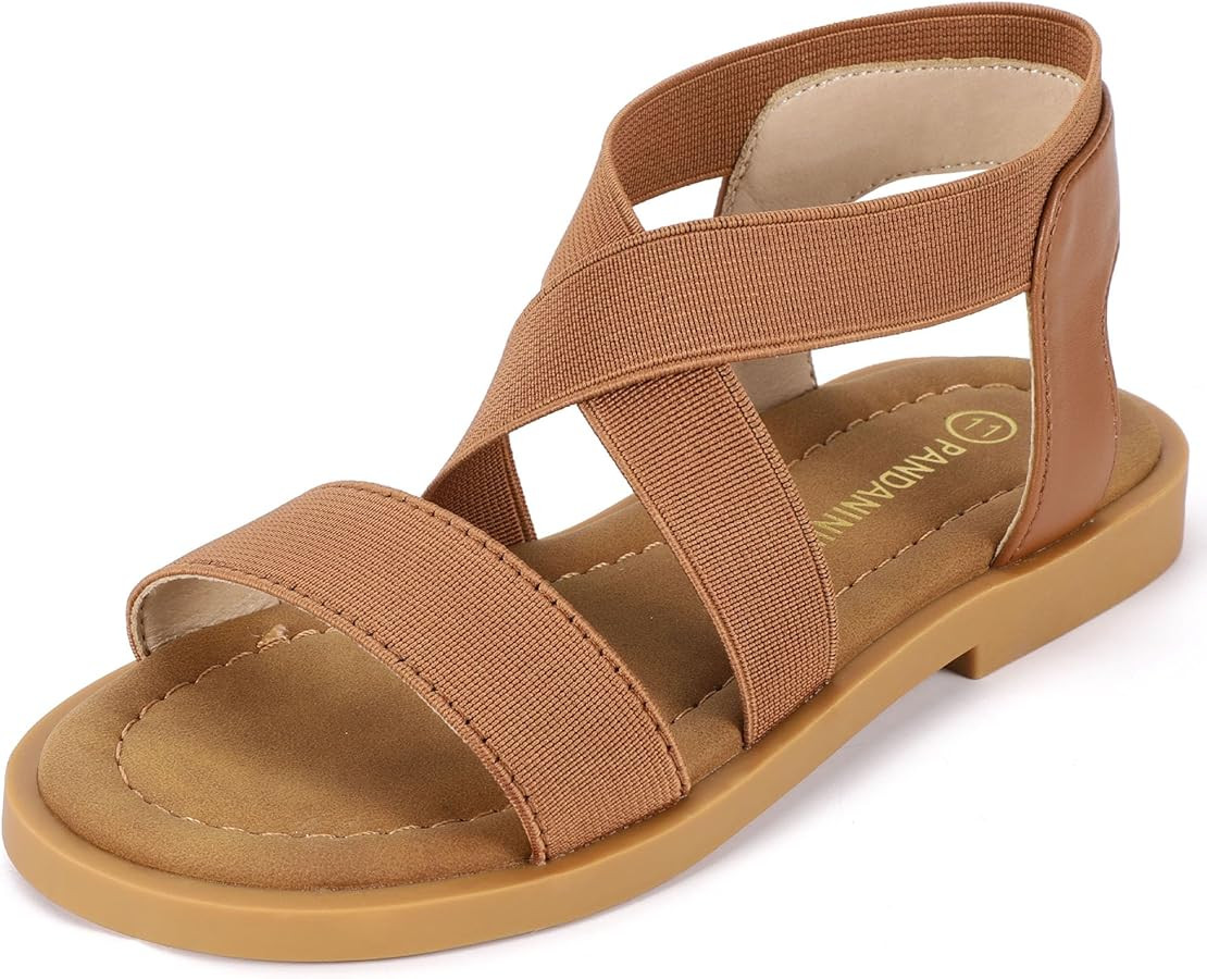 PANDANINJIA Girls Sandals Slip-on Elastic Ankle Cross Strappy Gladiator Dress Sandals Flats Summe... | Amazon (US)