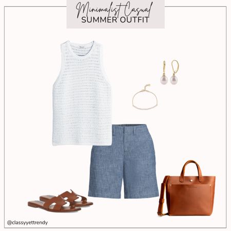 Minimalist casual summer outfit

White crochet tank top
Chambray shorts
Brown slide sandals