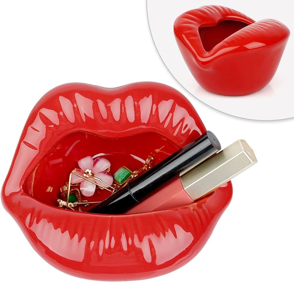 Trycooling Ceramic Red Lips Lipstick Ring Holder Jewelry Tray Rack Decorative Cosmetic Storage Di... | Amazon (US)