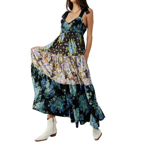 ABYOVRT Women Floral Maxi Dress Sleeveless Tie Shoulder Bohemian Flowy Smocked Dresses Casual Summer Sundress with Pockets(Dark Blue,S) | Amazon (US)