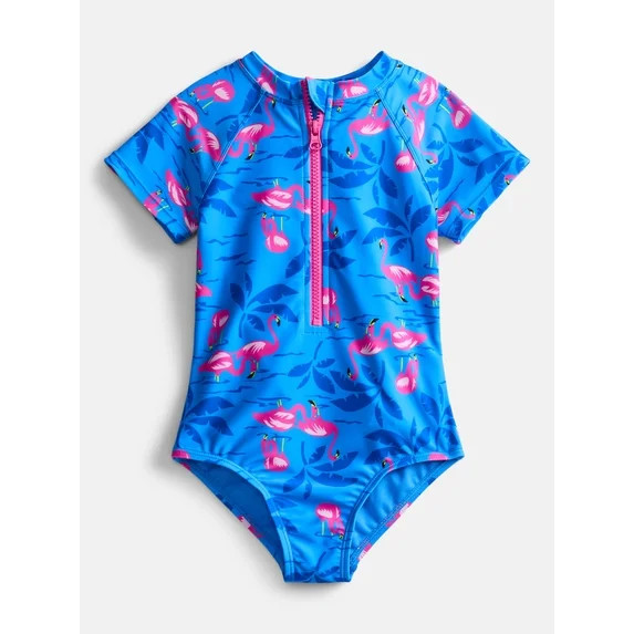 Wonder Nation Girls Zip-Up Rash Guard One-Piece Swimsuit with Short Sleeves, Sizes 4-18 | Walmart (US)