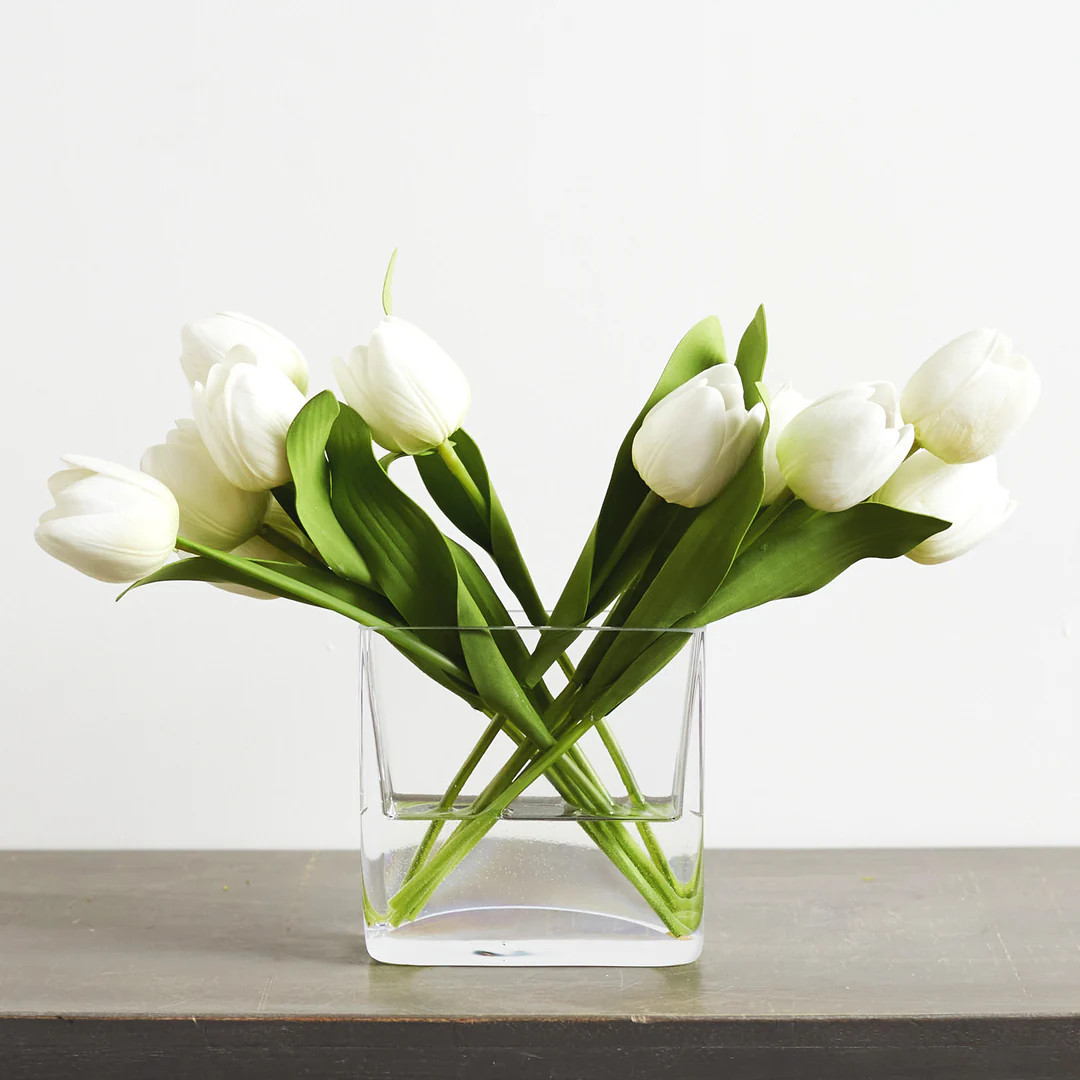 Real Touch Tulip Spring Floral Arrangement in Glass Rectangle Vase - 8 Color Options Available | Darby Creek Trading