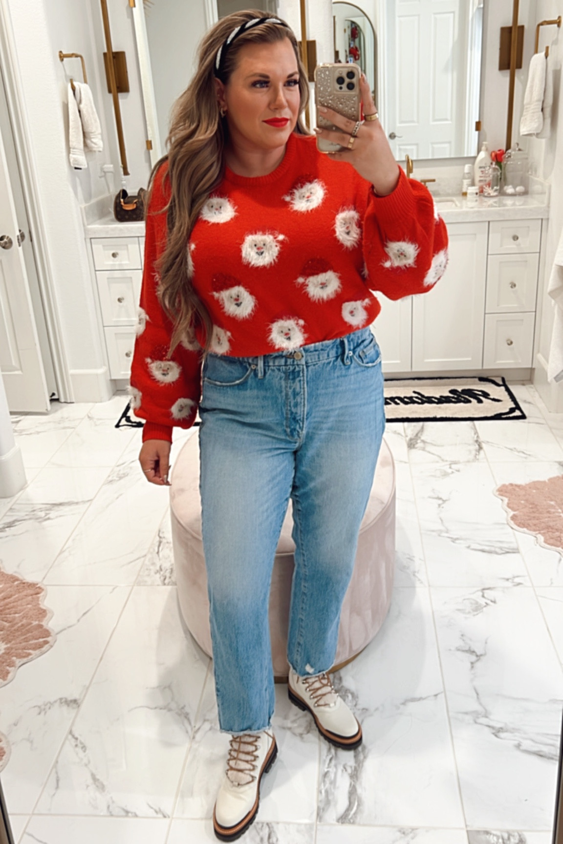 curvy festive holiday look! wearing size xl in Santa sweater and size 16 in denim 

#LTKHoliday #LTKcurves #LTKunder100