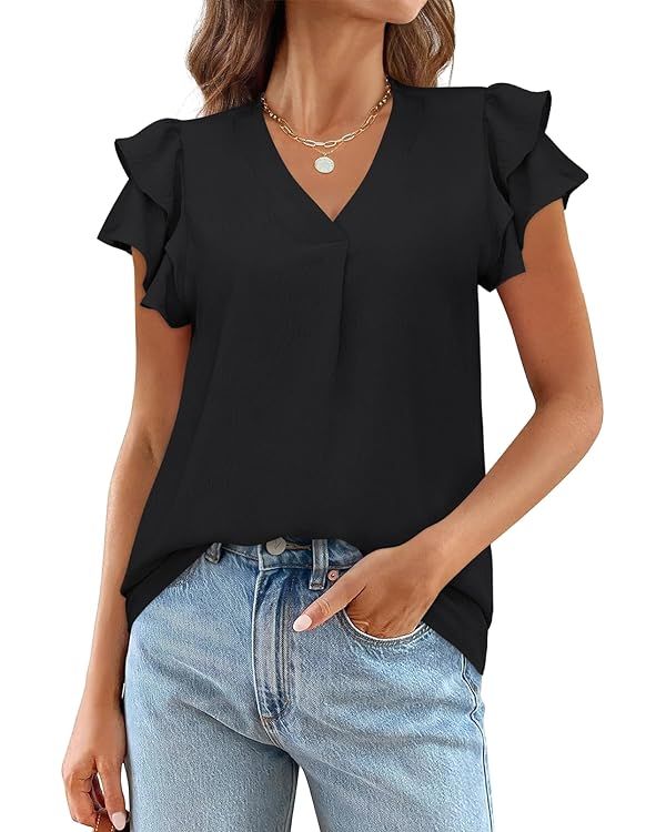 MEROKEETY Women's 2024 Summer V Neck Ruffle Short Sleeve Blouse Business Casual Top Shirts | Amazon (US)