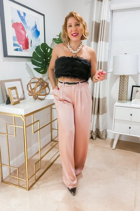 Ruffle crop top and satin pants 

Pants: wearing size 2
Too: wearing size small