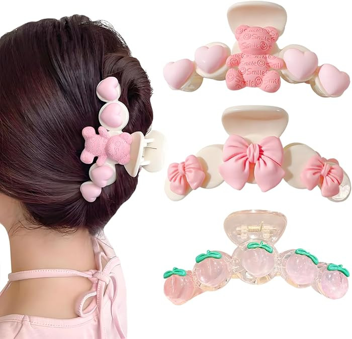 3Pcs Pink Hair Clips for Women - 4“ Fun Claw Clips for Thin or Thick Hair, Medium Nonslip Hair ... | Amazon (US)