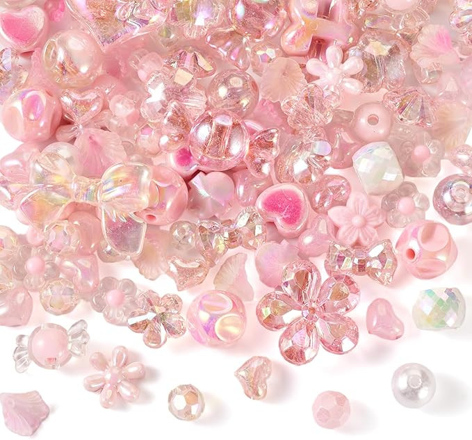 58Pcs Assorted Acrylic Beads - Pink Kandi Aesthetic Candy Color Random Star Heart Round Fall Bead... | Amazon (US)