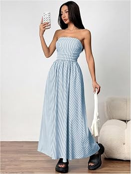 Milumia Women's Striped Strapless Maxi Dress Summer Casual Tube Top Long Dresses with Pocket | Amazon (US)