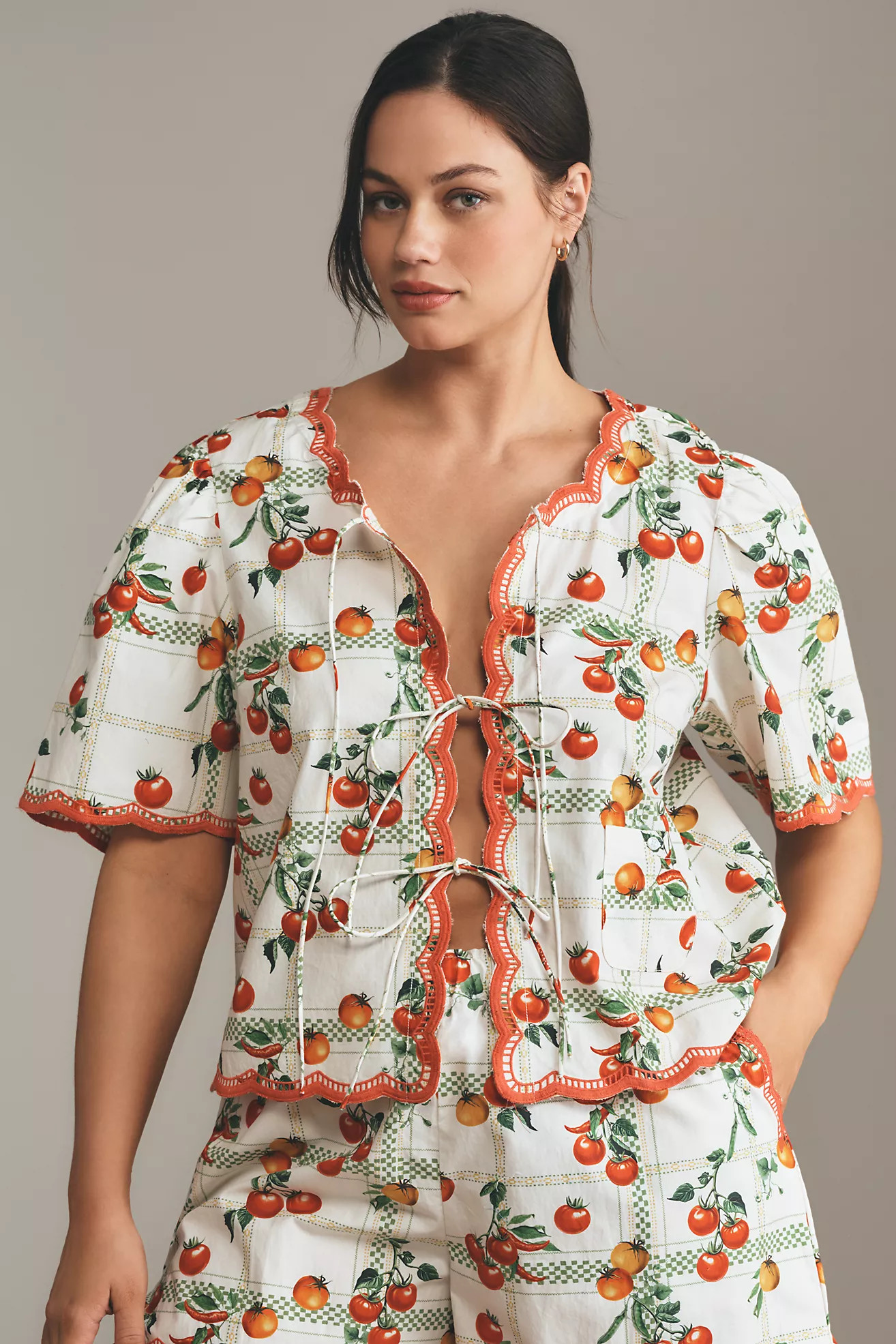 Maeve Veggie Bloom Short-Sleeve Tie-Front Blouse | Anthropologie (US)