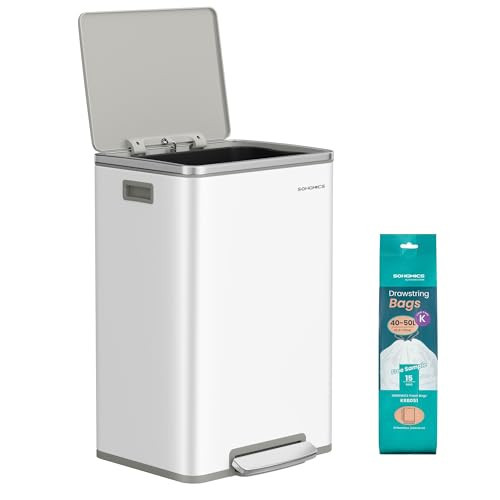 SONGMICS Trash Can, 13-Gallon Gabbage Can, with 15 Trash Bags, Steel, with Soft-Close Lid, Removable Inner Bucket, Handles, Cloud White ULTB595W01V1 | Amazon (US)