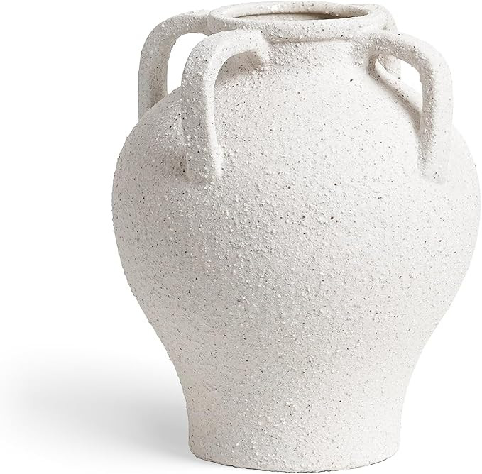 White Ceramic Vase - 8.8 Inch Rustic Farmhouse Centerpieces with Handles for Home Decor, Decorati... | Amazon (US)