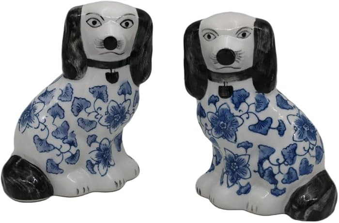 Aimusego Blue Chinoiserie Statue Ceramic Dog Figurine Animal Decorative, Hand Painted Porcelain D... | Amazon (US)