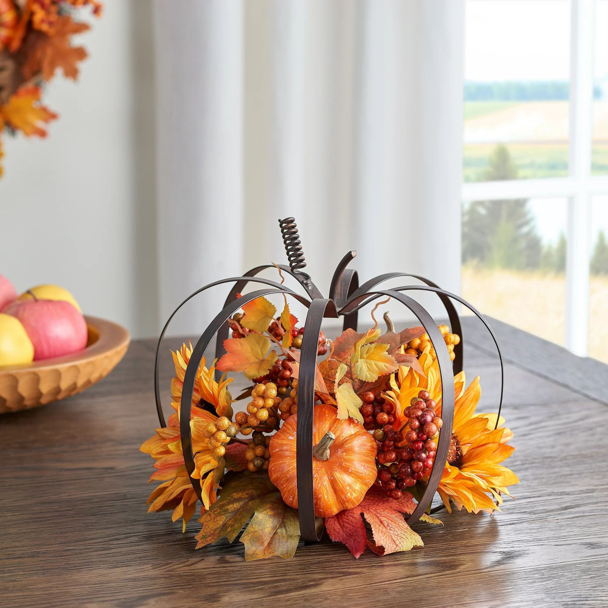 Way to Celebrate Harvest Yellow Sunflowers Pumpkin Metal Frame Floral Tabletop Decor, 9" | Walmart (US)