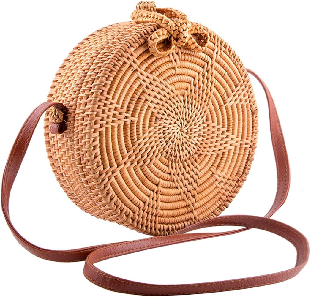 Handmade Round Ata Rattan Bag - Boho Shoulder Straw Bag - Crossbody Purse Women | Amazon (US)