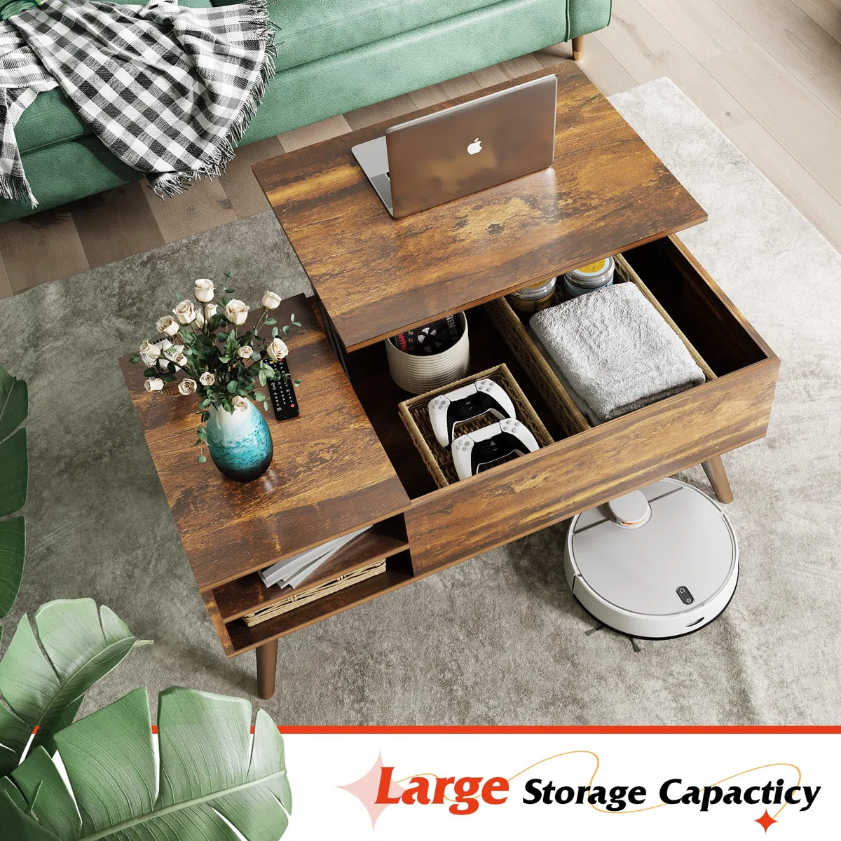 Eoghan Lift Top Coffee Table with Adjustable Shelf & Solid Wood Legs, Square Living Room Table wi... | Wayfair North America