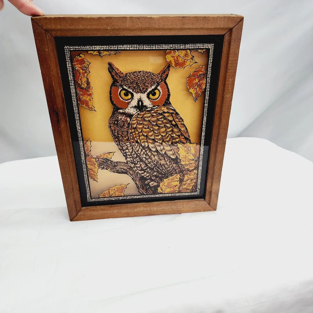 Vintage 70's Glass Great Horned Owl Picture With a Wooden Frame 9 X 11 - Etsy | Etsy (US)