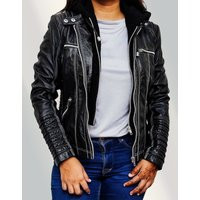 Women's Handmade Stylish Zipper Hooded Motorcycle Black Genuine Leather Jacket Costume | Etsy (US)