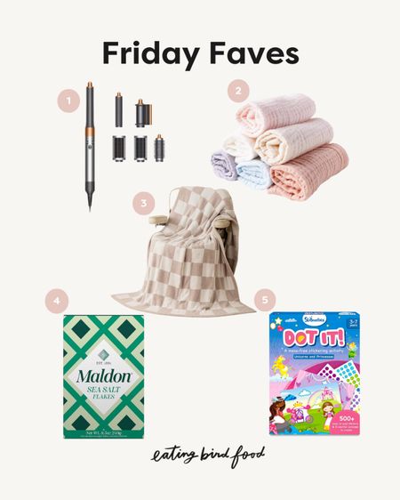 Friday Faves! 💖 
1️⃣ I got my air wrap a few years ago but I just started using it more recently and love that I can do a salon-style blowout at home! 
2️⃣ I bought two packs of these washcloths. We use them for baths and for washing Liv and Tucker’s hands and face after eating.
3️⃣ This blanket is soo cute and soft. Love the checkerboard pattern too.
4️⃣ Hands down the best flaky sea salt. If you make my treat recipes, you gotta get some of this!
5️⃣ Mess free activity for kiddos. Liv got this for her b-day and loves it. 