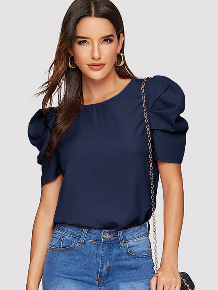 SHEIN Solid Keyhole Back Puff Sleeve Top | SHEIN